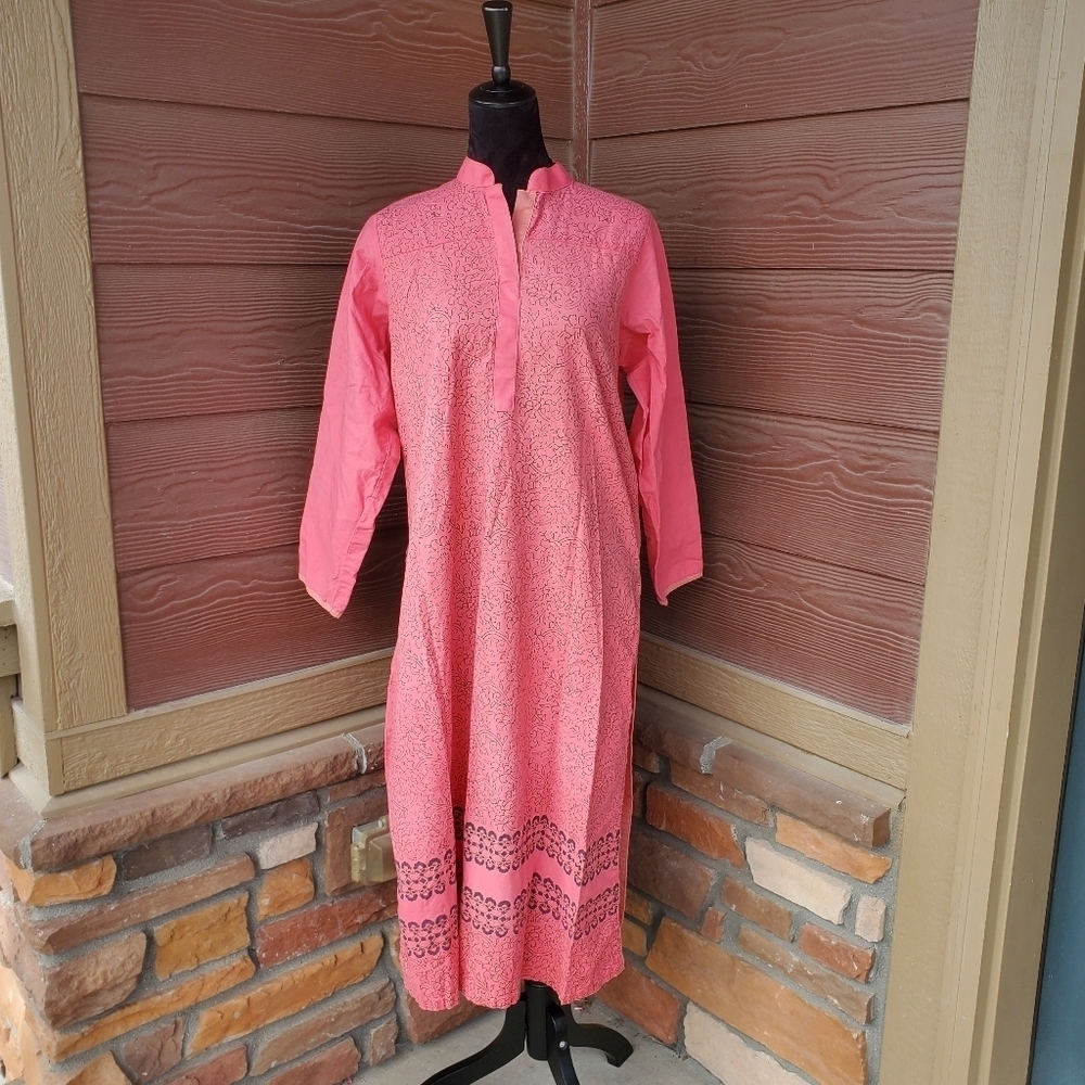 Beechtree Pret Kurta Pink with Brown Floral Print and Embroidered Flowers EUC - Picture 13 of 17
